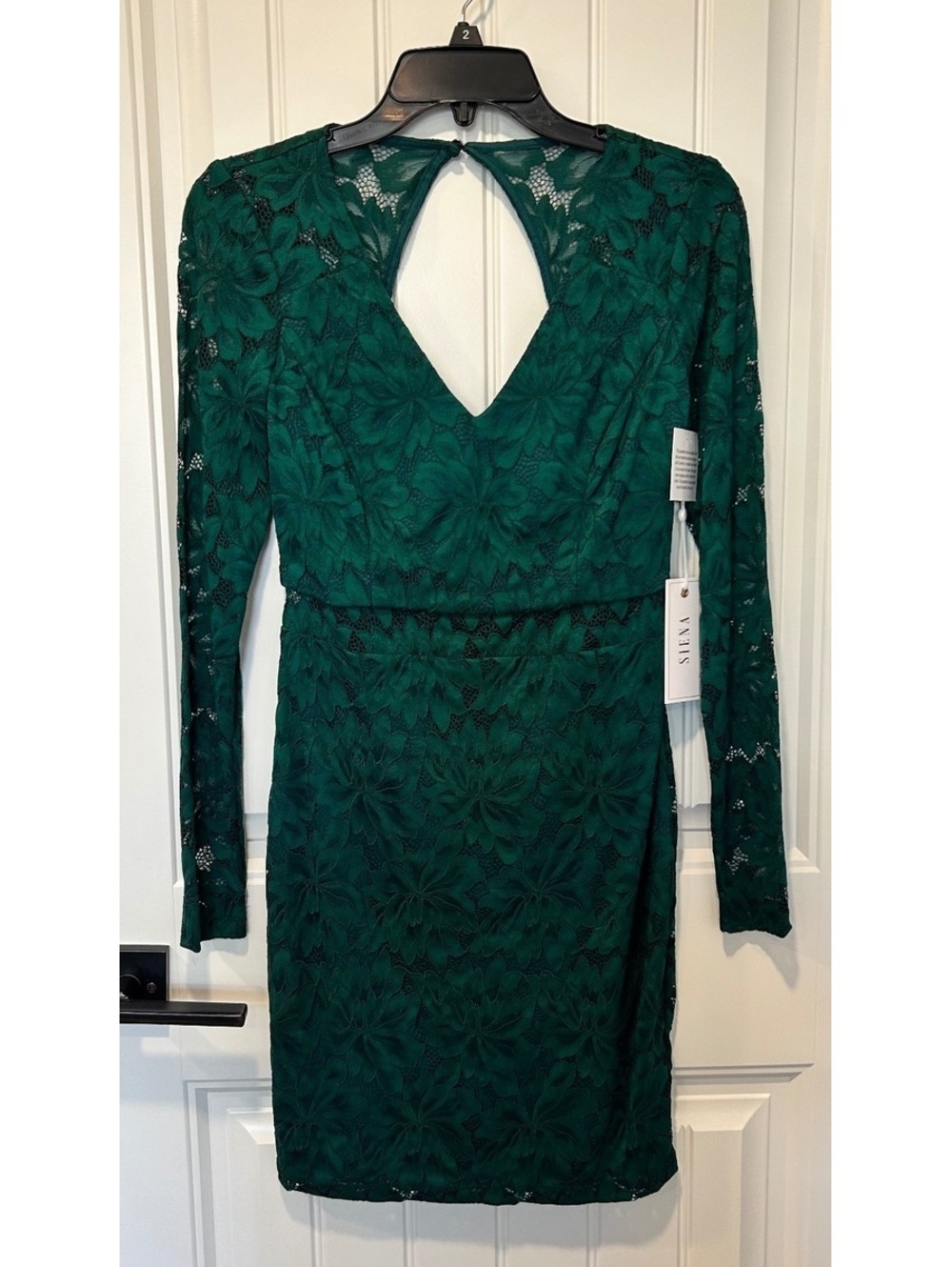 NWT Siena sheer lace dress dark Emerald Lace Sleeve V-Neck open back bodycon